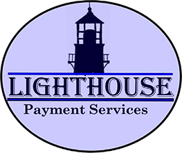 Lighthouse Payment Services logo, featuring company name and graphic image of lighthouse in light purple oval.
